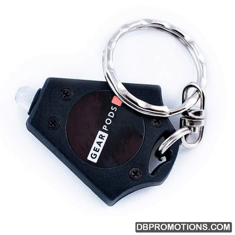 Micro light keychain light branded with Gear Pods logo